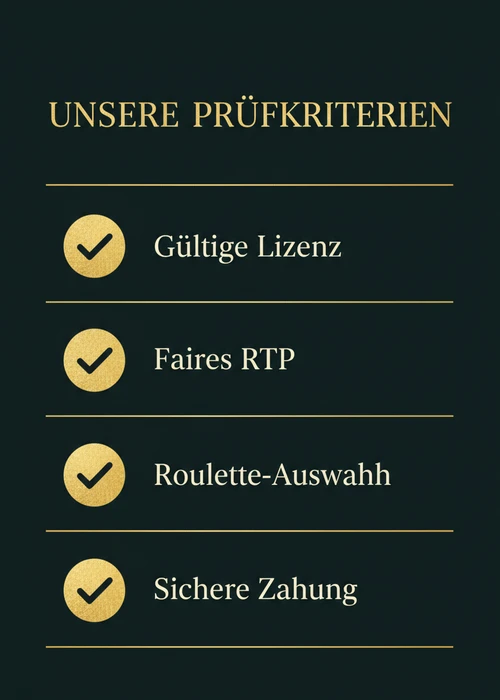 Prüfkriterien der Online-Roulette-Casinos: gültige Lizenz, faires RTP, Roulette-Auswahl und sichere Zahlung.