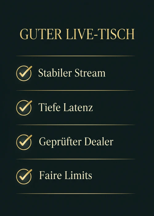 Merkmale eines guten Live-Tisches beim Online Casino Roulette: stabiler Stream, tiefe Latenz, geprüfter Dealer und faire Limits.