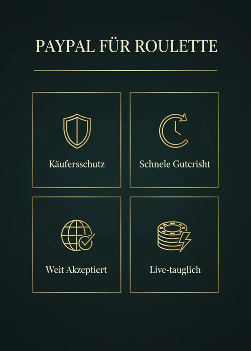 PayPal für Roulette im Vorteil: Käuferschutz, schnelle Gutschrift, weit akzeptiert und Live-tauglich.