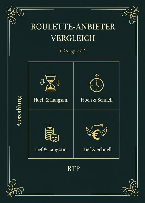 Roulette-Anbieter im Vergleich nach RTP und Auszahlung: hoch und schnell, hoch und langsam, tief und schnell, tief und langsam.