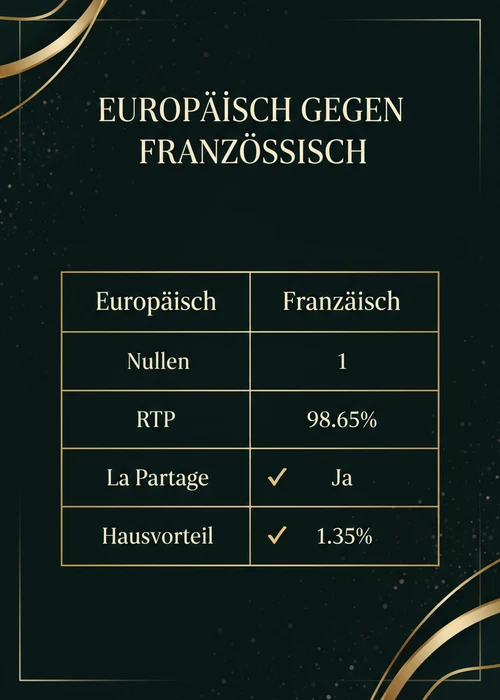 Europäisches gegen französisches Roulette im Vergleich: Nullen, RTP, La Partage und Hausvorteil als Kriterien.